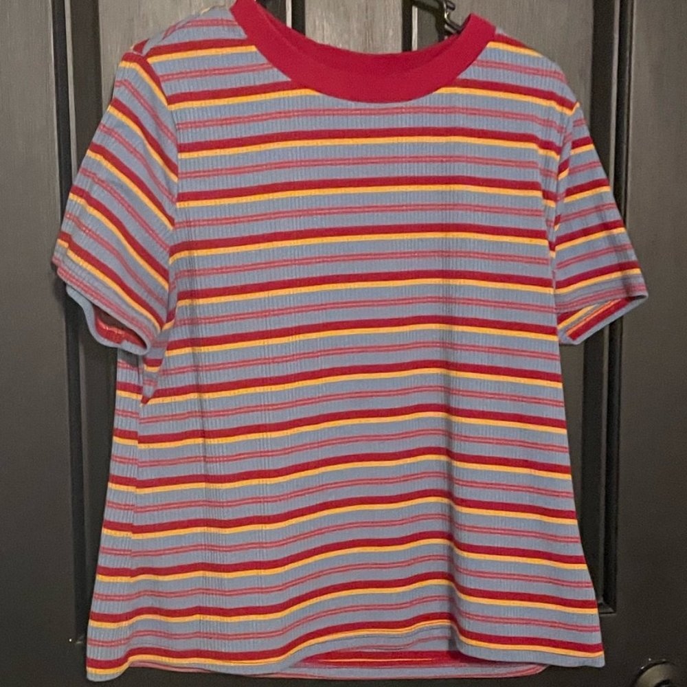 Women's XL striped blue, yellow, and red t-shirt